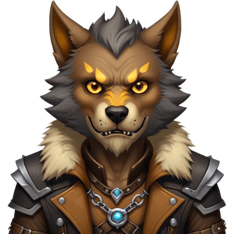 Cinematic Realistic WoW Worgen Portrait, head tilted epicly and inquisitively, showcasing the striking fusion of human intellect and beastly ferocity. His rugged fur and tanned skin, accented by piercing amber eyes and meticulously rendered worn leather garments, are bathed in dynamic lighting, high shine, epic and awe-inspiring, capturing the relentless spirit of a worgen at the apex of his power. emoji