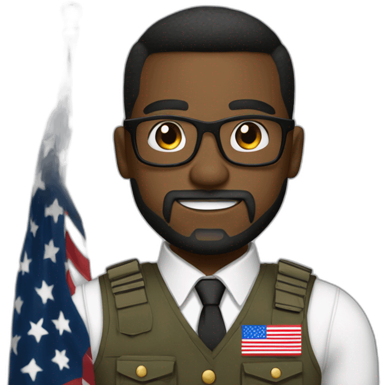 black soldier with a beard, a part in hair, wearing glasses, a white collared shirt, a bow tie, bulletproof vest with an american flag emoji