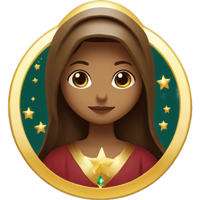 Virgin Mary: kind face looking down at the left, long brown hair, Wearing an emerald green  robe with gold stars and a burgundy red dress,  Hands in prayer or blessing. Halo around her head. standing on a crescent moon.  emoji