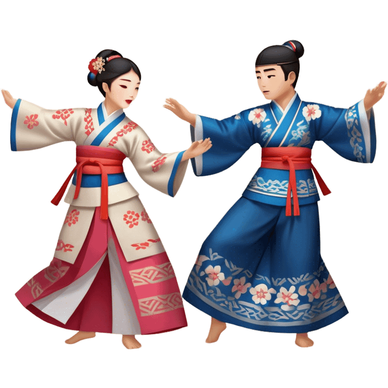 Cinematic Realistic scene of two performers engaging in Ganggangsullae, dressed in traditional Korean costumes with intricate patterns and graceful movements, illuminated by soft, festive lighting that accentuates the cultural ambiance emoji