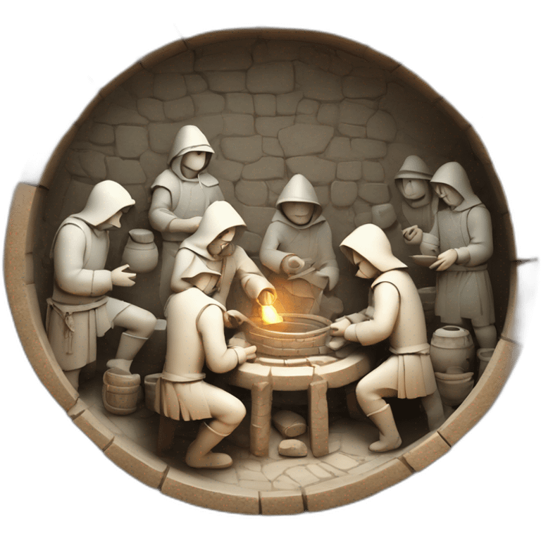 inside of a medieval mint showing different people working creating coins with a furnace emoji