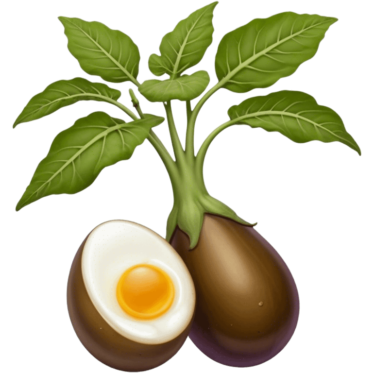 hybrid big brown coloured eggplant with veins along it, and one bulbous brown mushroom head to replace the stem and leaves of the eggplant. the object is positioned upright with two small brown boiled eggs attached at the lower half.  emoji