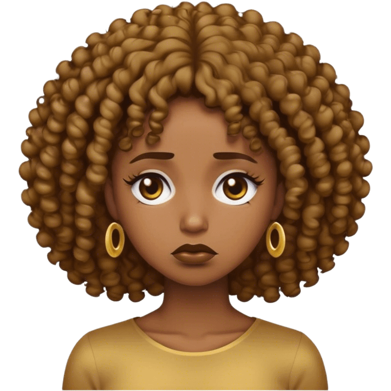 A sad Queen, the skincolor of the Queen is Black, her Hair is Open an they are Curly. She has a golden Brown on and er Face expression is Said, Like This Emoji 😔 emoji