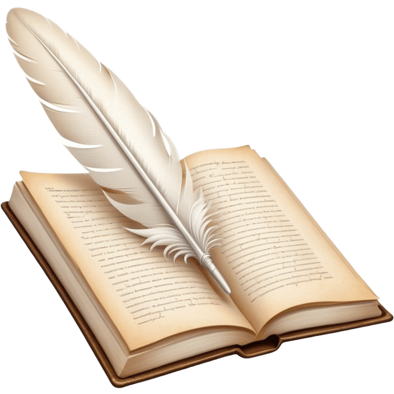 Create a poetic and elegant emoji representing poetry. The design should feature several vintage, gracefully flying pages with short, poetic columns written on them. A white feather quill should be depicted writing on one of the pages, with ink flowing smoothly. The pages should have a soft, antique look, with subtle details to convey the delicate nature of poetry. Use soft, light colors with a romantic, airy feel. Make the background transparent. emoji