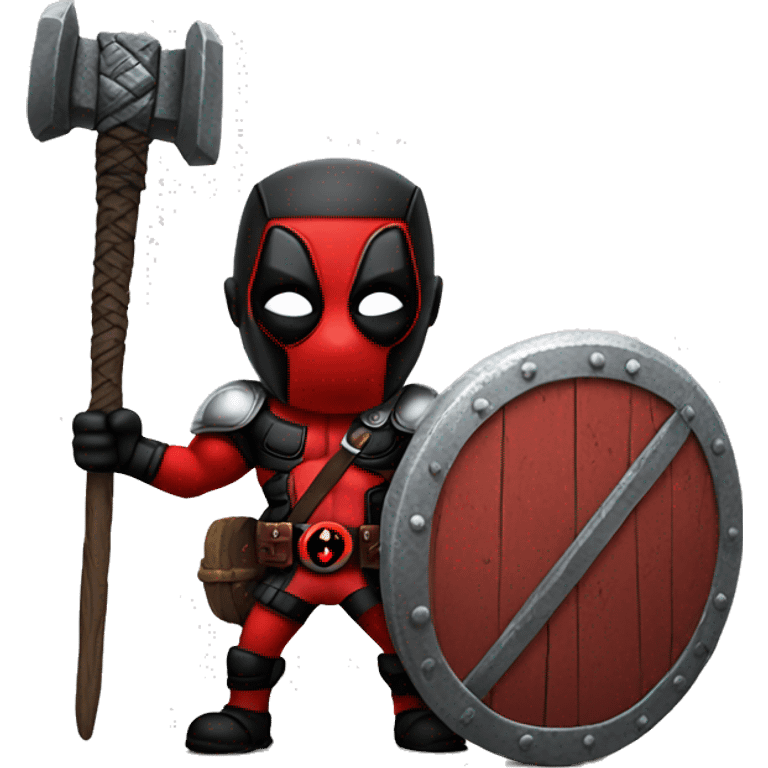 Deadpool holding Viking shield and thors hammer emoji