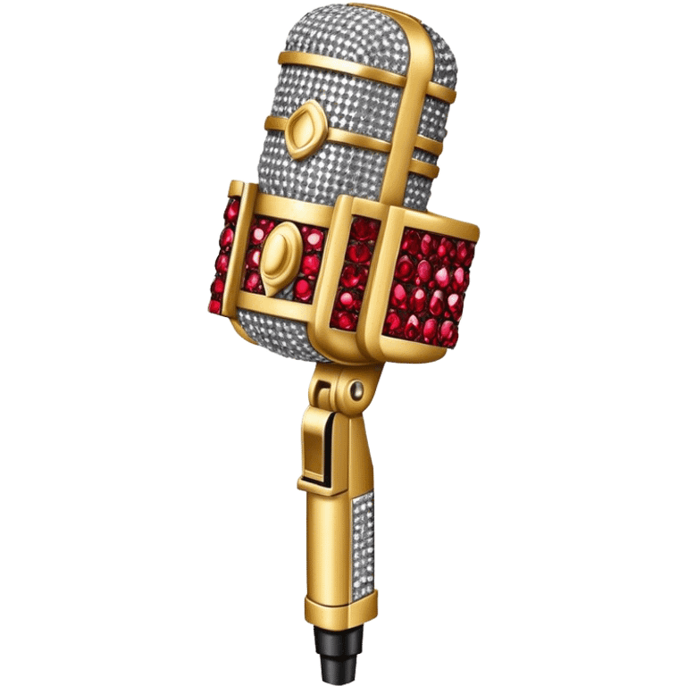 Create a glamorous and eye-catching emoji representing stage vocals, featuring a vintage stage microphone as the central element. Surround the microphone with a vibrant, sparkling stage costume covered in rhinestones, capturing the essence of a classic stage performance. The costume should be flashy, with shiny accents and a dazzling effect to evoke the energy and elegance of a live performance. Add subtle musical notes floating around to emphasize the connection to singing. Use bright, bold colors like gold, silver, and deep reds, along with glittering details to create a luxurious and dynamic atmosphere. The background should be transparent. emoji