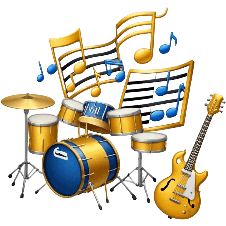 Create an elegant and artistic emoji that represents music arrangement and orchestration. The design should feature musical notes, a set of piano keys, a drum set, and an electric guitar to symbolize the diverse elements of orchestration and arrangement. Include a conductor's baton to emphasize the role of a conductor in bringing all the instruments together. Use a mix of rich colors like gold, silver, and deep blue for sophistication, and add flowing lines to represent the harmony between different instruments. The background should be transparent. emoji