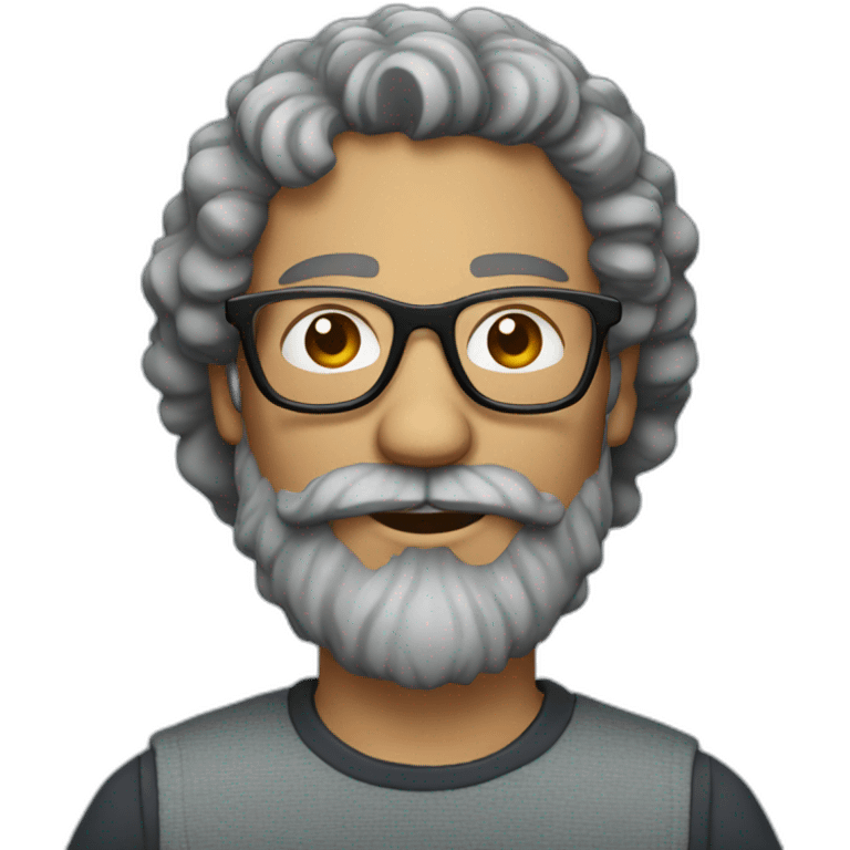 man with long gray and brown hipster  beard and curly hair and glasses emoji