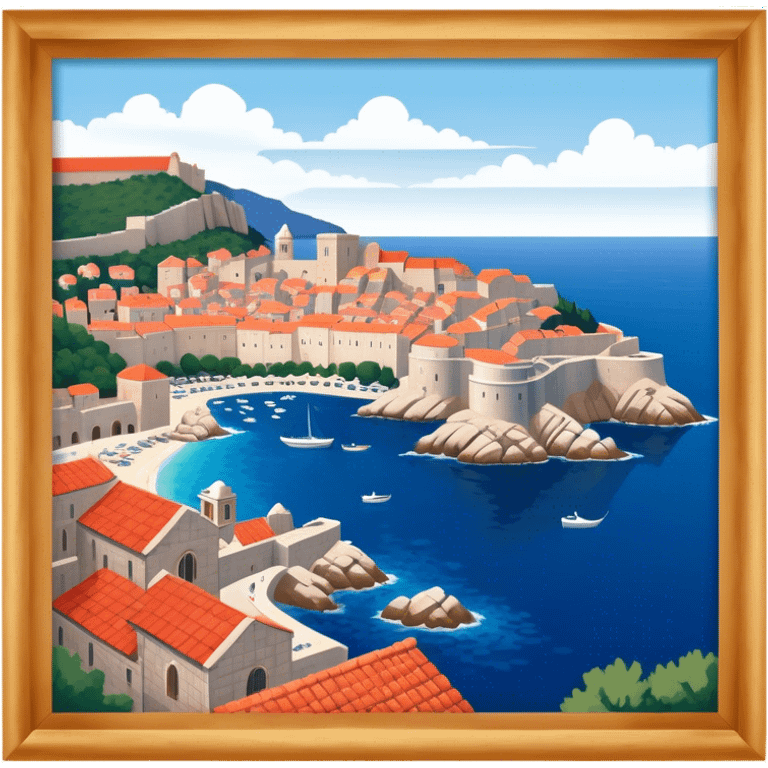 Dubrovnik – Cinematic Realistic Dubrovnik, depicted as a stunning coastal city with red-tiled roofs and ancient stone walls, set against the deep blue Adriatic Sea under warm Mediterranean light, rendered with rich textures that capture its enchanting beauty. emoji