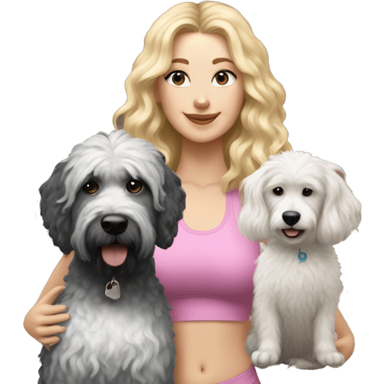 white woman with long blonde hair and cat shaped eyes wearing a yoga outfit standing alongside a black and white colored bernadoodle dog emoji