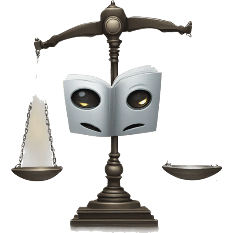 a balance of justice with a robot head on one side and a book on the other side emoji