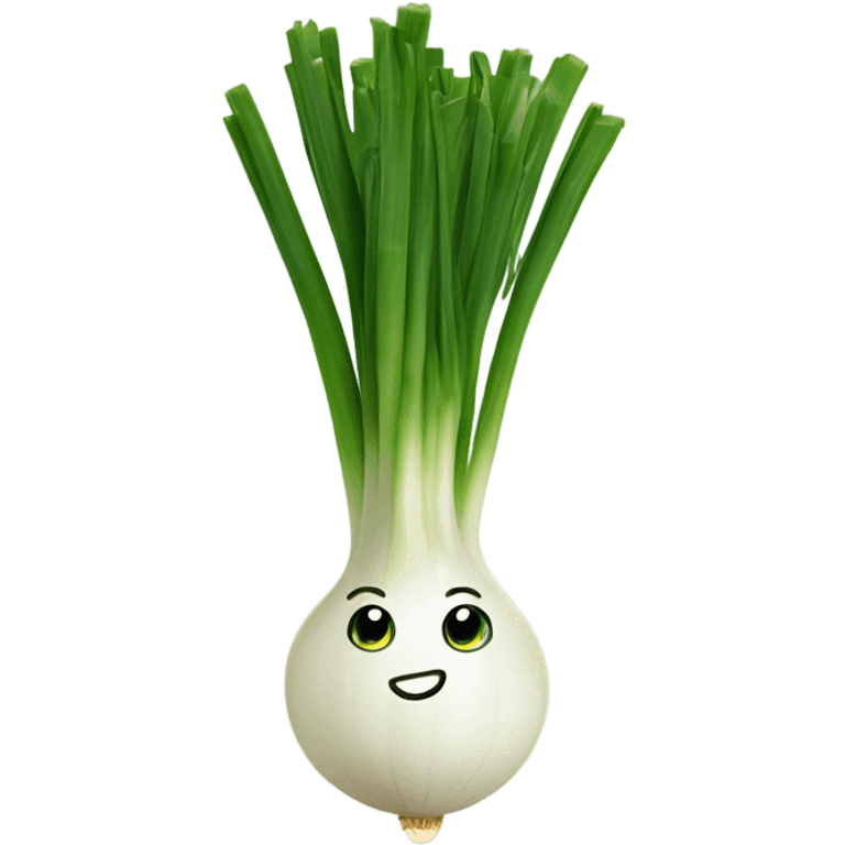 Smiling green onion with a bundle of long, thin green stalks as hair, big expressive eyes, and a cheerful cartoonish face on the white bulb section. Vibrant and playful design. emoji