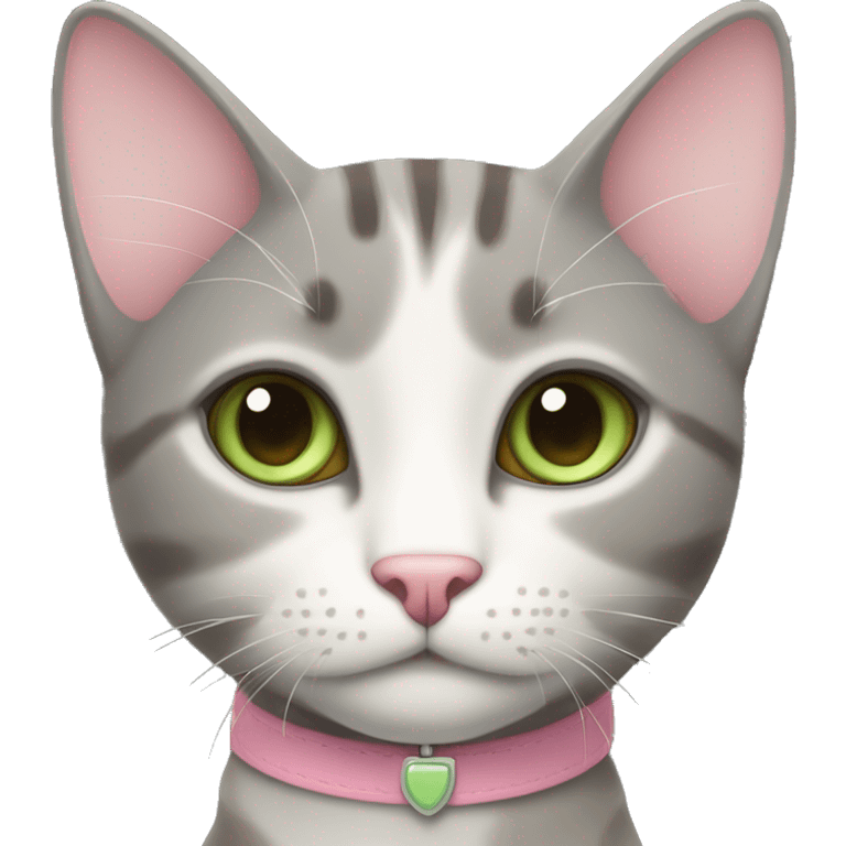 grey and tan cat with cream pattern on her forehead. Pink collar.  Green eyes and a pink nose emoji