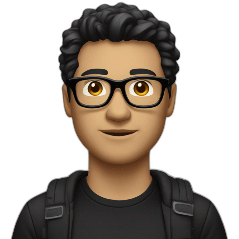 A man with black hair, wearing black glasses, a black T-shirt, black pants, and a white coach  emoji