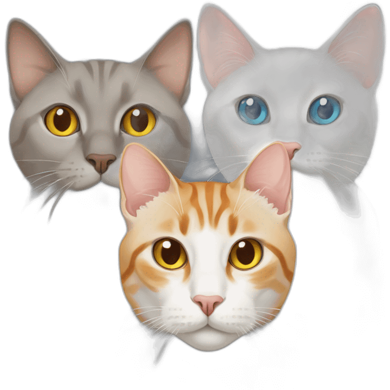 three cats sitting together ,one grey tabby siamese cat with blue eyes ,one orange and white tabby cat with yellow eyes ,one orange cat with orange eyes emoji