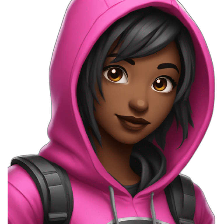 Girl developer behind his laptop withk this style : Riot Games Valorant black pink bright pink sparks character pink black hooded assassin themed character emoji