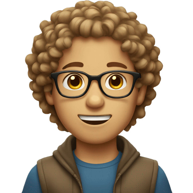 Boy with curly light brown hair that wears glasses doing a silly face  emoji