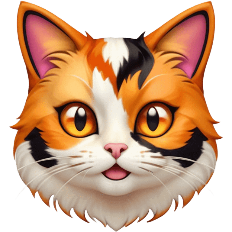 Cinematic Comical Calico Cat Portrait Emoji, Head tilted dramatically with an exaggeratedly surprised expression, showcasing a vibrant patchwork fur of orange, black, and white with wide, comically expressive eyes, simplified yet hilariously detailed, glowing with a sassy, golden radiance, high shine, exuding playful mischief and cheeky feline attitude, styled with a soft glowing outline, capturing the essence of a calico cat that looks ready to leap off the screen with mischievous flair! emoji