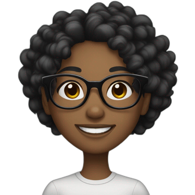 smiling black girl with long black curly hair and round glasses emoji