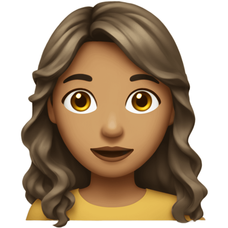 olive SKIN GIRL with long gold brown wavy hair and bangs holding paper emoji