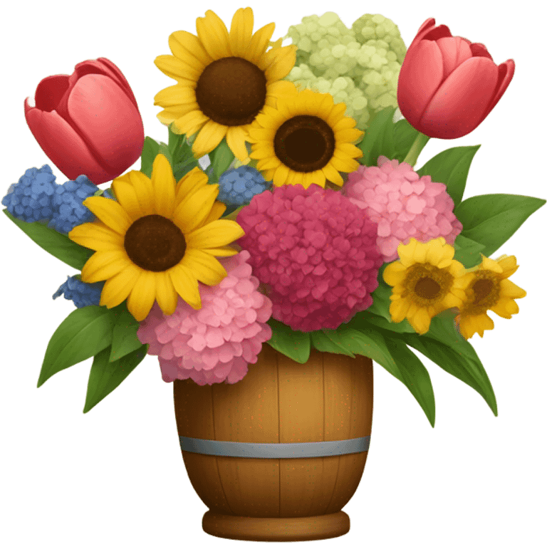 A flower arrangement of tulips, sunflower, peony, hydrangeas, margarita emoji