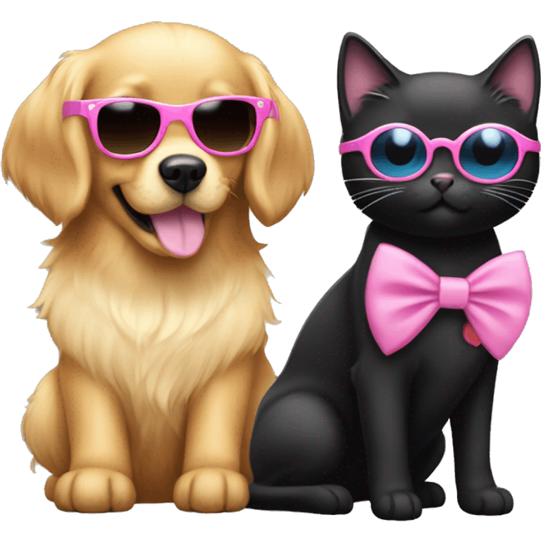 Cute small golden retriever wearing a pink bow in her hair and a black cat with shades on emoji