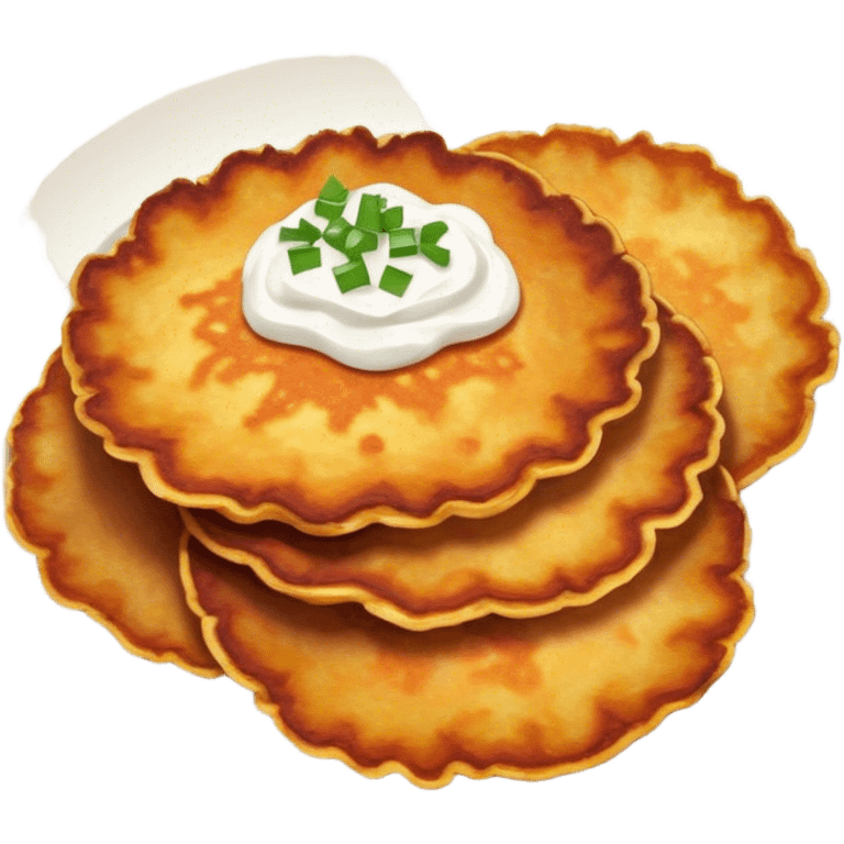 Cinematic Realistic Placki Ziemniaczane Dish Emoji, depicted as crispy potato pancakes served with sour cream rendered with vivid textures and warm, appetizing lighting. emoji