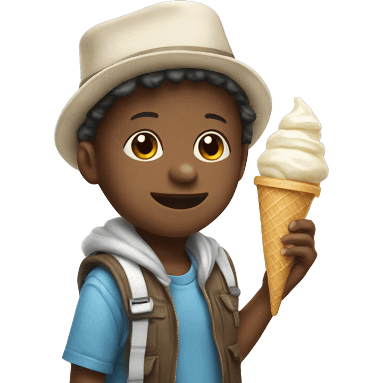 Child wearing a weird hat and holding a ice cream emoji