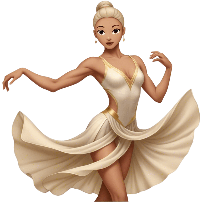 Cinematic Realistic Dance Poses, an elegant dancer mid-motion, muscles tensed with control, soft fabric of their attire flowing with movement, dramatic lighting highlighting the graceful lines, glowing with passion and poise. emoji