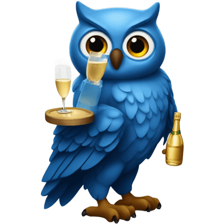 Blue owl holding a popped bottle of champagne  emoji