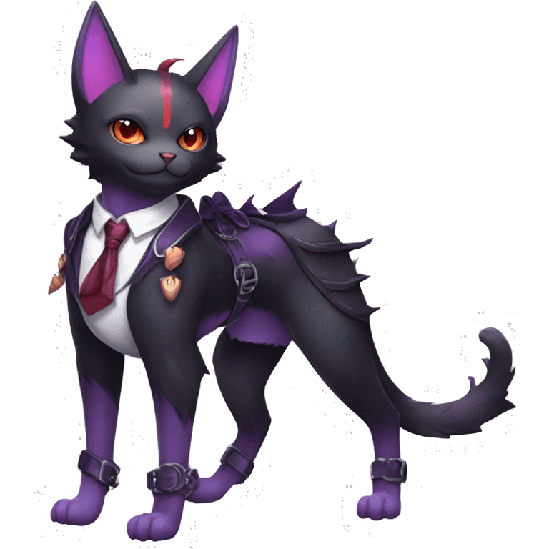 cool kawaii black purple red ethereal fantasy beautiful elegant nargacuga-bat-cat-Fakemon collar harness tie and leg spats full body emoji