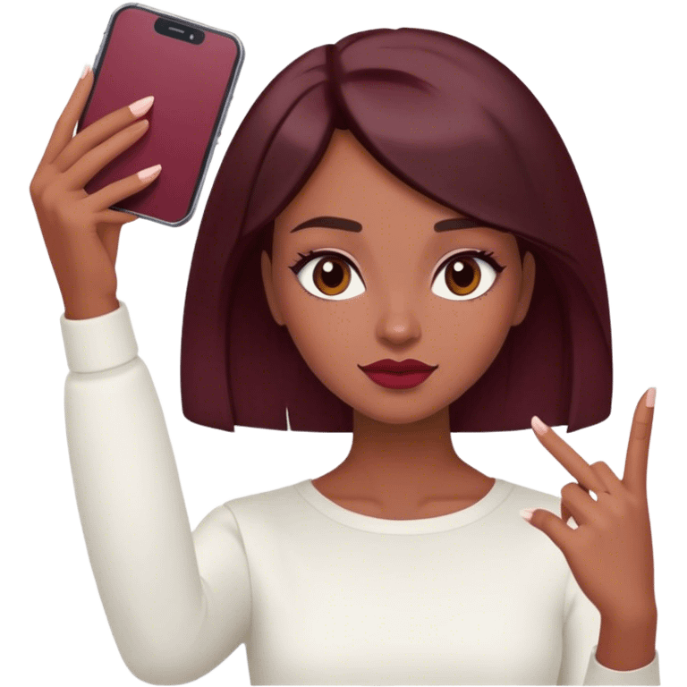 A brunette girl with a square hairstyle , selfie burgundy emoji