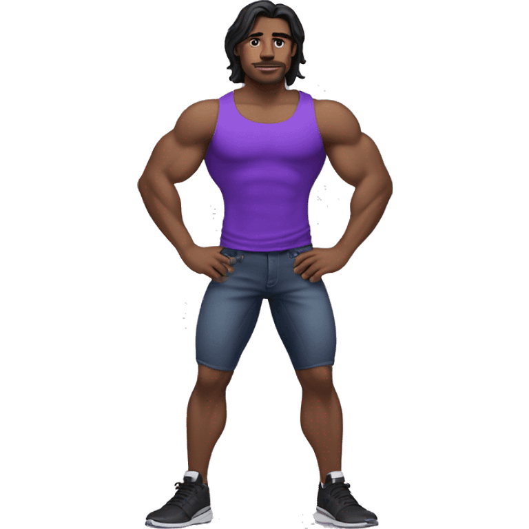 Workout man with muscles in purple jeans and black hairs emoji