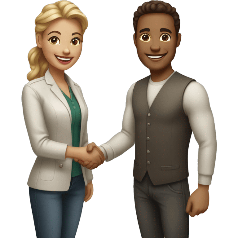 restaurant owner and blogger shaking hands, both with light skin, in great detail emoji