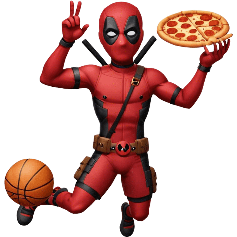 Deadpool and sunglasses playing basketball eating pizza taking a flight emoji