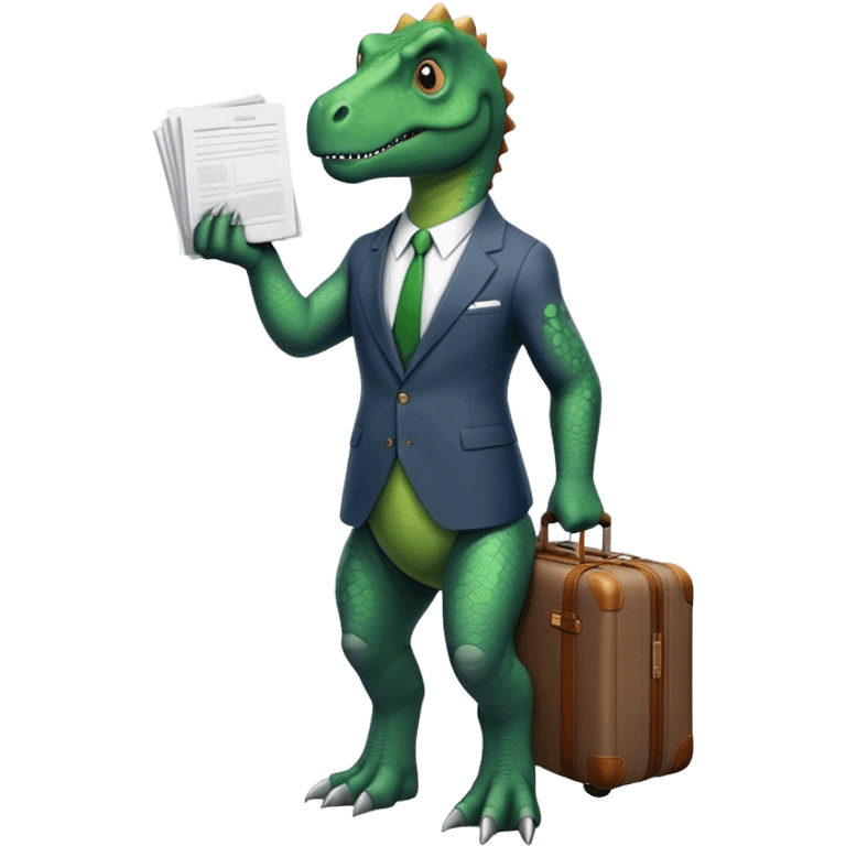 office Dinosaur in a suit, a huge luggage full of papers, trip emoji