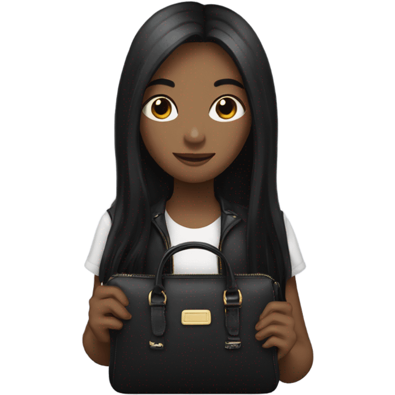 girl holding a black purse with black long hair emoji