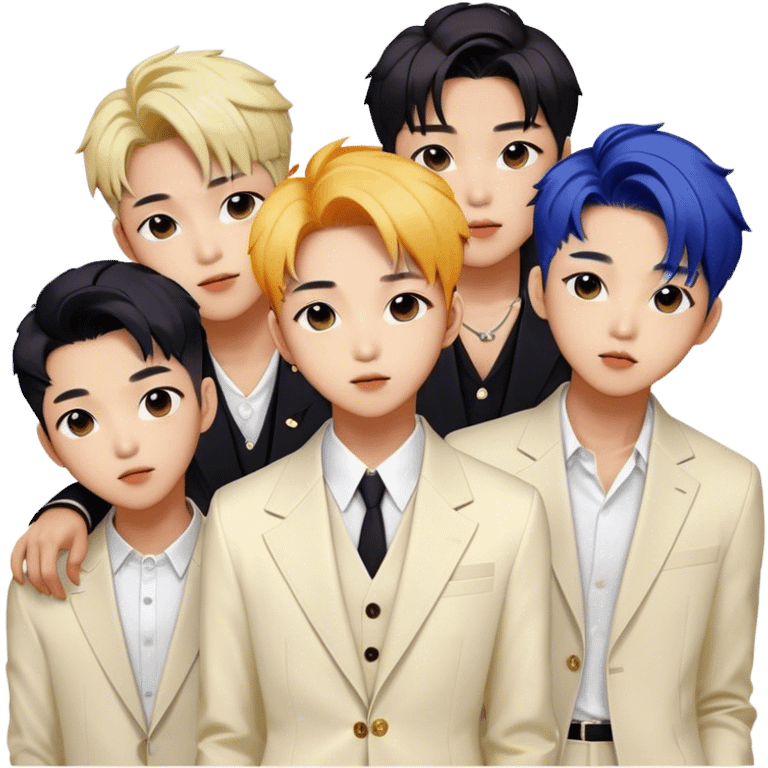 Cinematic Realistic BTS Portrait Emoji, depicted as a dynamic energetic portrayal of the global K-pop group with stylish modern attire and vibrant expressions, rendered with rich textures and bold contemporary lighting that captures their youthful charisma. emoji