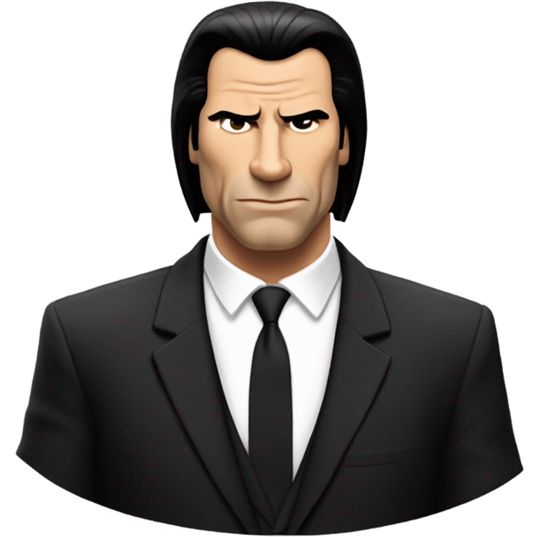 Generate an emoji-style version of the Confused Travolta meme featuring a simplified, cartoon-like representation of John Travolta's character from Pulp Fiction. The figure should have a puzzled expression, with slightly raised eyebrows and an open hand gesture.  the character should wear a black suit with a white shirt.  emoji