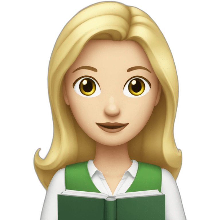 English teacher female with blonde hair and green eyes. with English book emoji