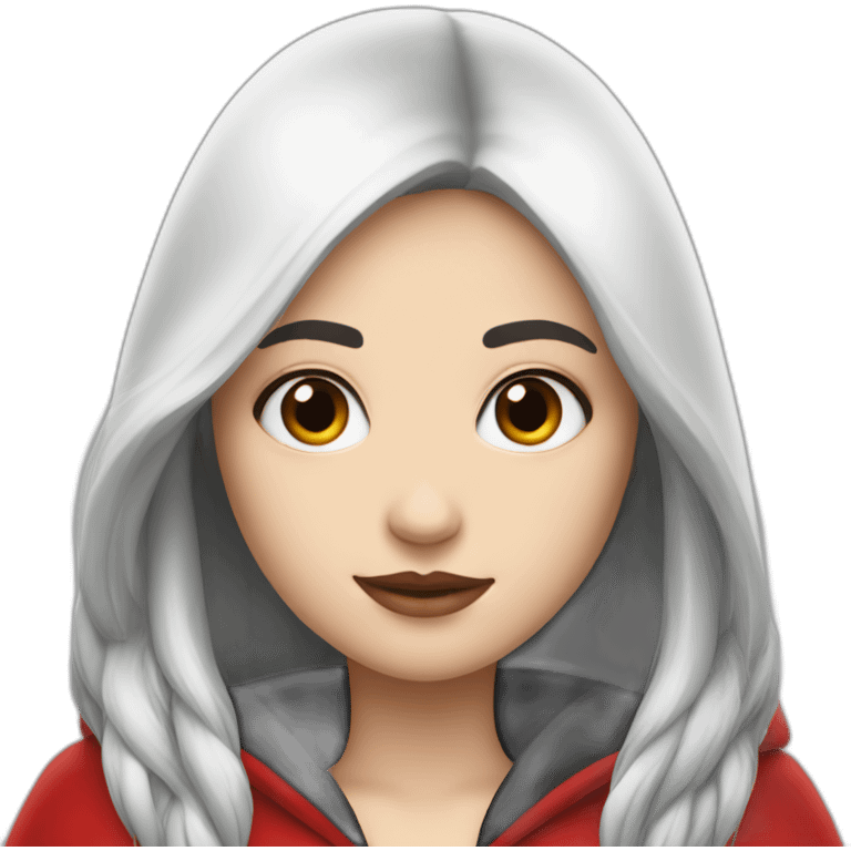 White girl long straight black hair with white streak hair and red ridding hood emoji