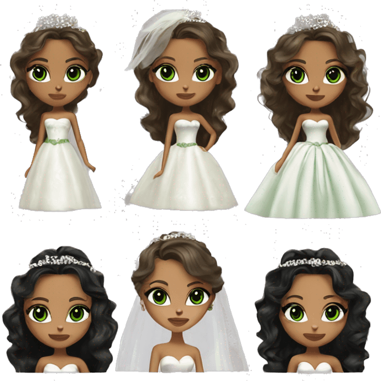 Bratz, bride, brunette wavy long hair, olive skin, green almond cat eyes emoji