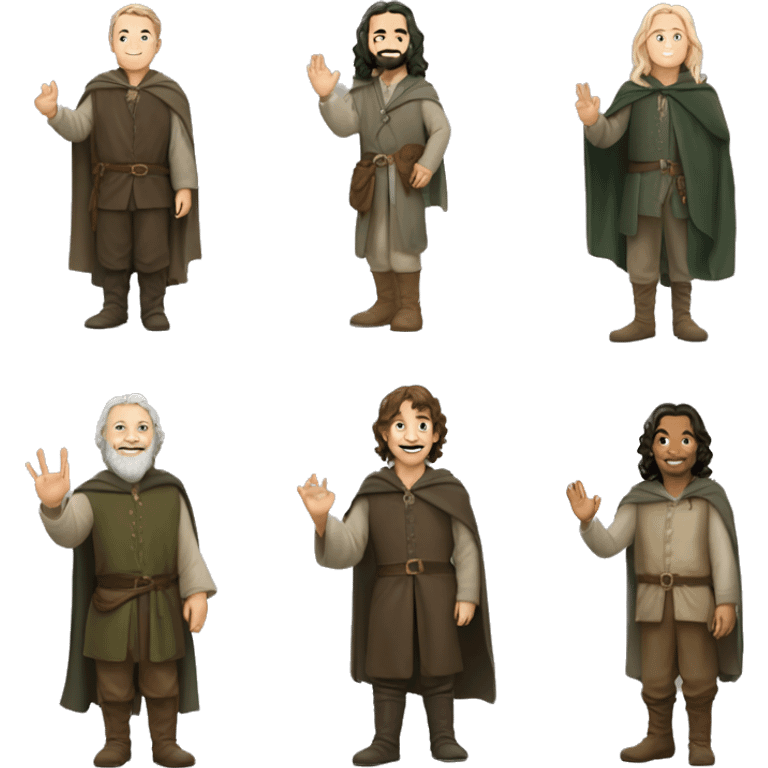 The 10 main Characters of "Lord Of The Rings" full body, standing, smiling, facing the camera & waving goodbye. emoji