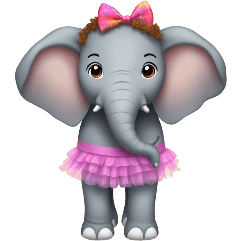 Elephant wearing a tutu with brown curly hair emoji