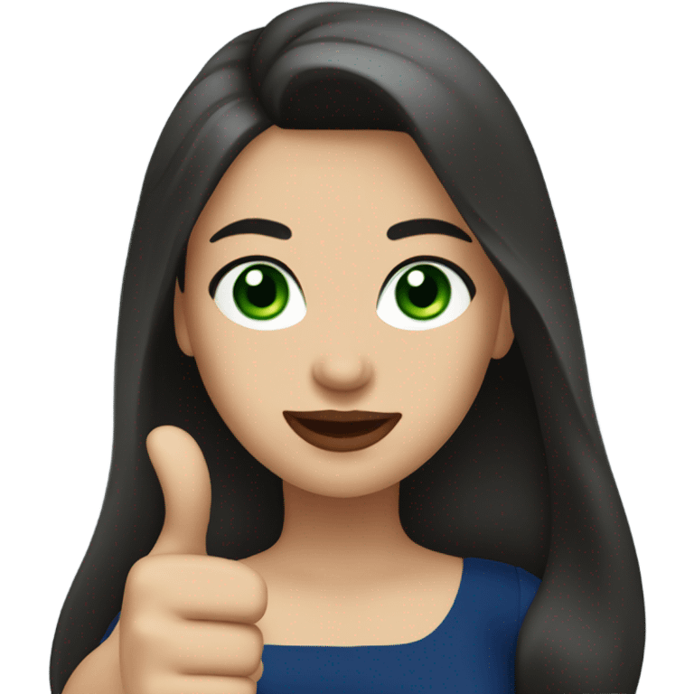 
a brunette with long hair and green eyes, with red lips and in a dark blue dress shows a thumbs up emoji