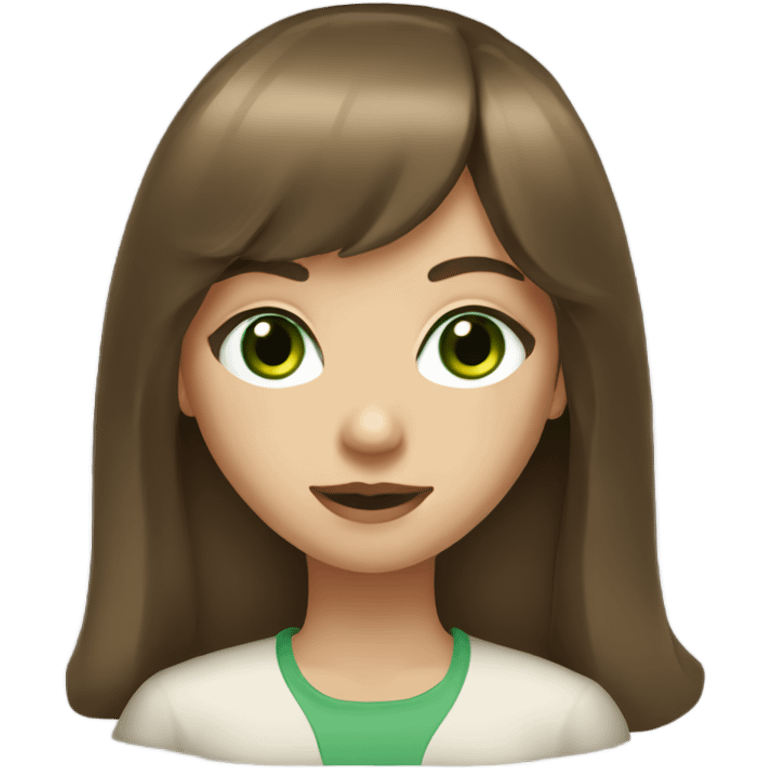 A girl with long brown hair with french bangs and green eyes  emoji