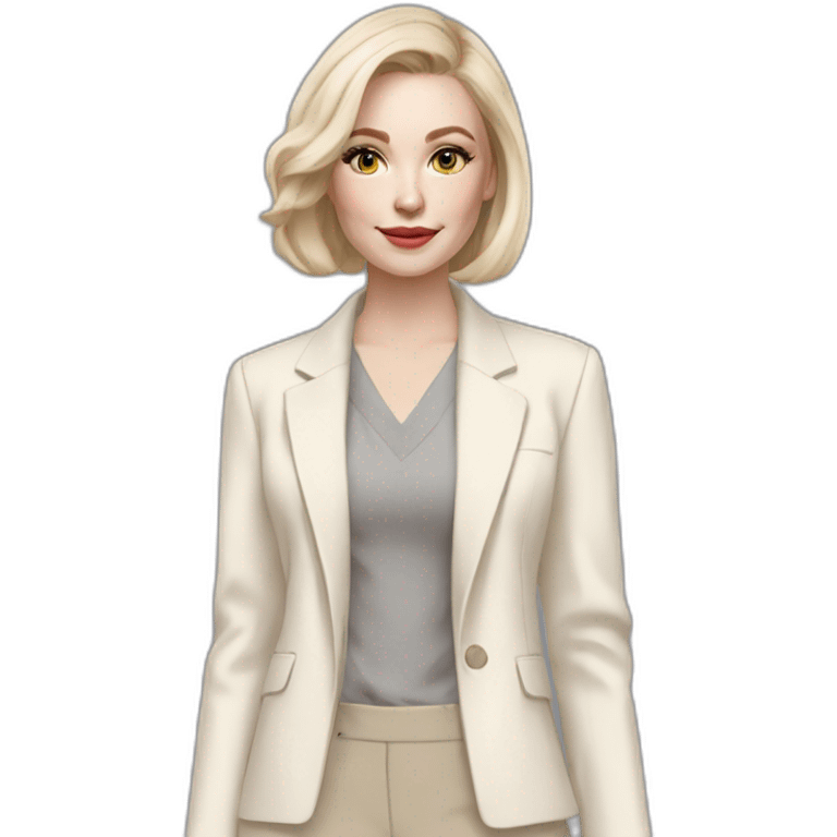 pale skin woman with ash blonde Straightened bob Hair, White Spacious classical jacket, beige palazzo Arrow pants and gray blouse holding a color palette in the hands emoji