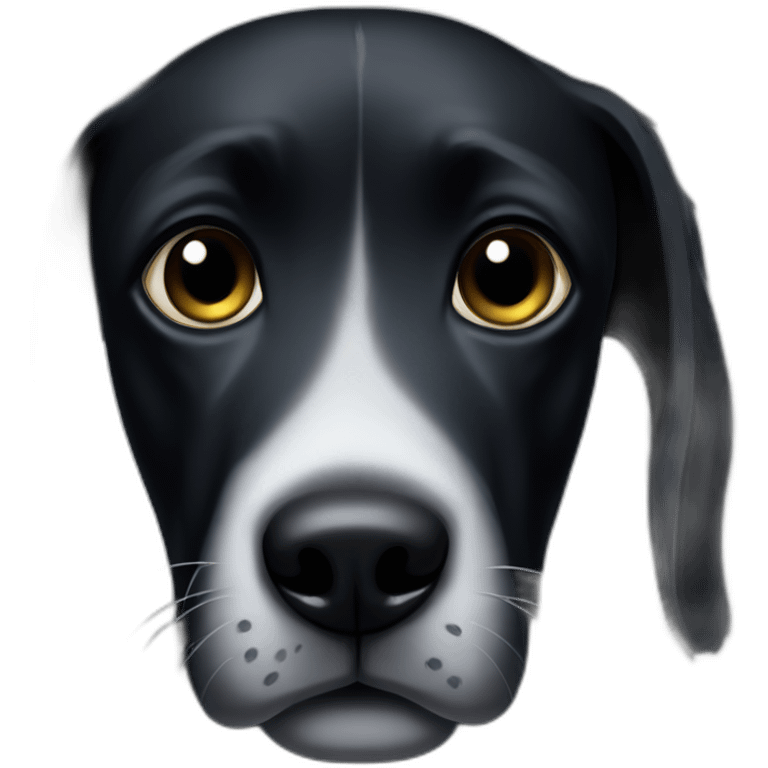 A black dog, with a black muzzle, with a white spot on his chest. With a long nose and floppy ears emoji