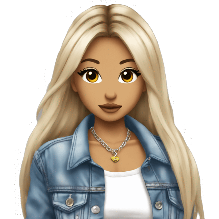 hime gyaru girl, tattoos, long straight hair, white v neck tee with grunge jean jacket emoji