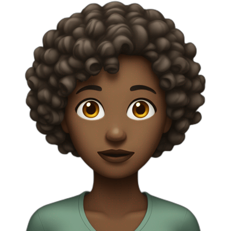 Realistic style image showing a woman, dark-skinned, with curly hair, with a nervous expression, emoji